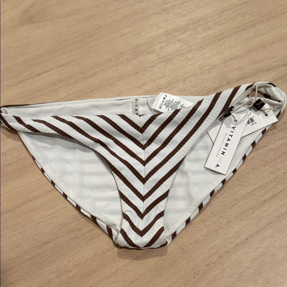 Vitamin A Reversible Bikini Bottom Small Brown Stripe Cream NWT